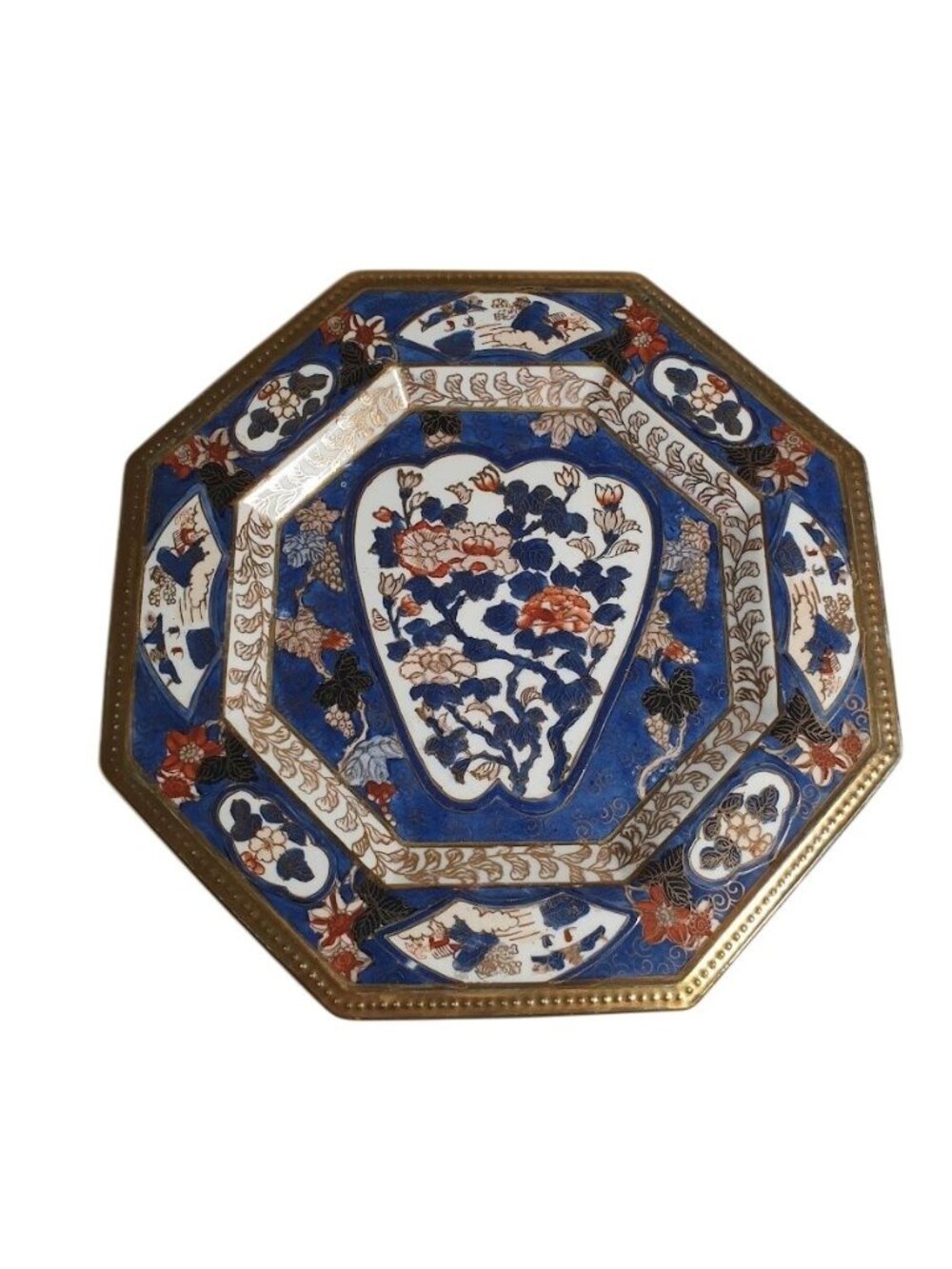 Japanese Imari Octagon Porcelain Plate Floral Grape Blue Guilding Kutani 10"